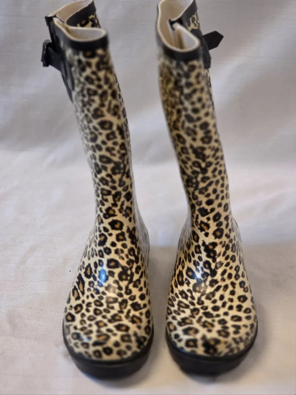 Leopard Print Rubber Boots with Black Buckle and Black Trim Size 6